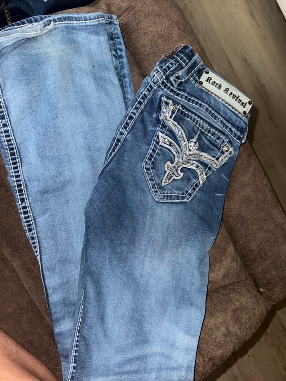 Rock Revival Light Blue Bootcut Jeans with Embroidered Pocket